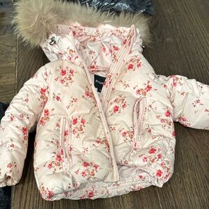 Ami Pink Floral Puffer Jacket with Faux Fur Hood Trim